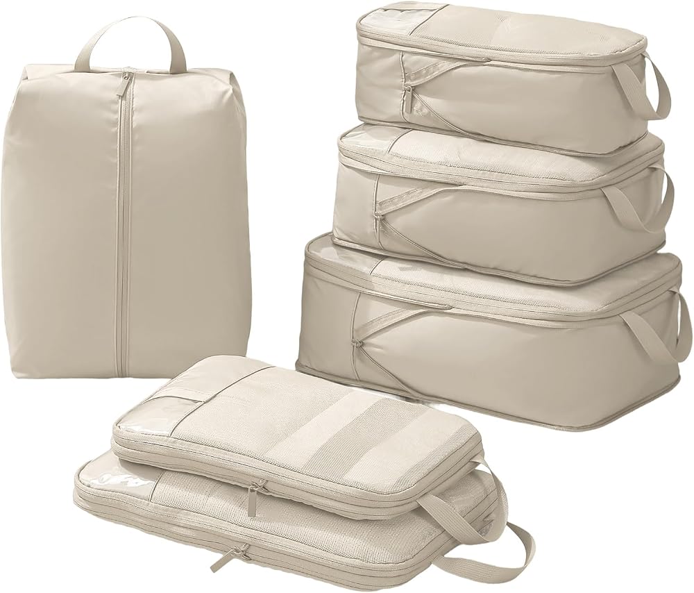 OKAKA Compression Packing Cubes, 6-Pack (Beige)